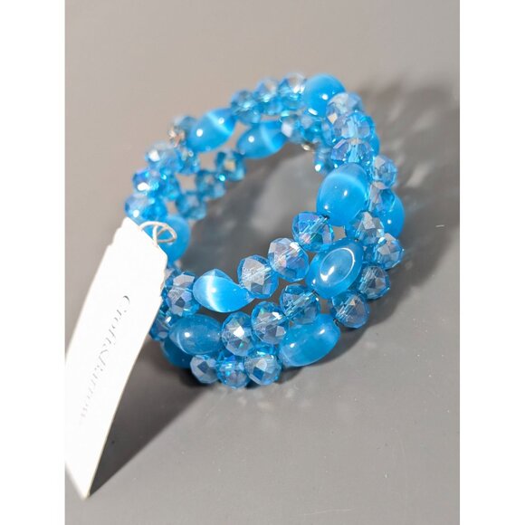 Croft & Barrow Blue Glass Cats Eye Bead Coil Wrap Bracelet NEW 6" Flex - Picture 3 of 8